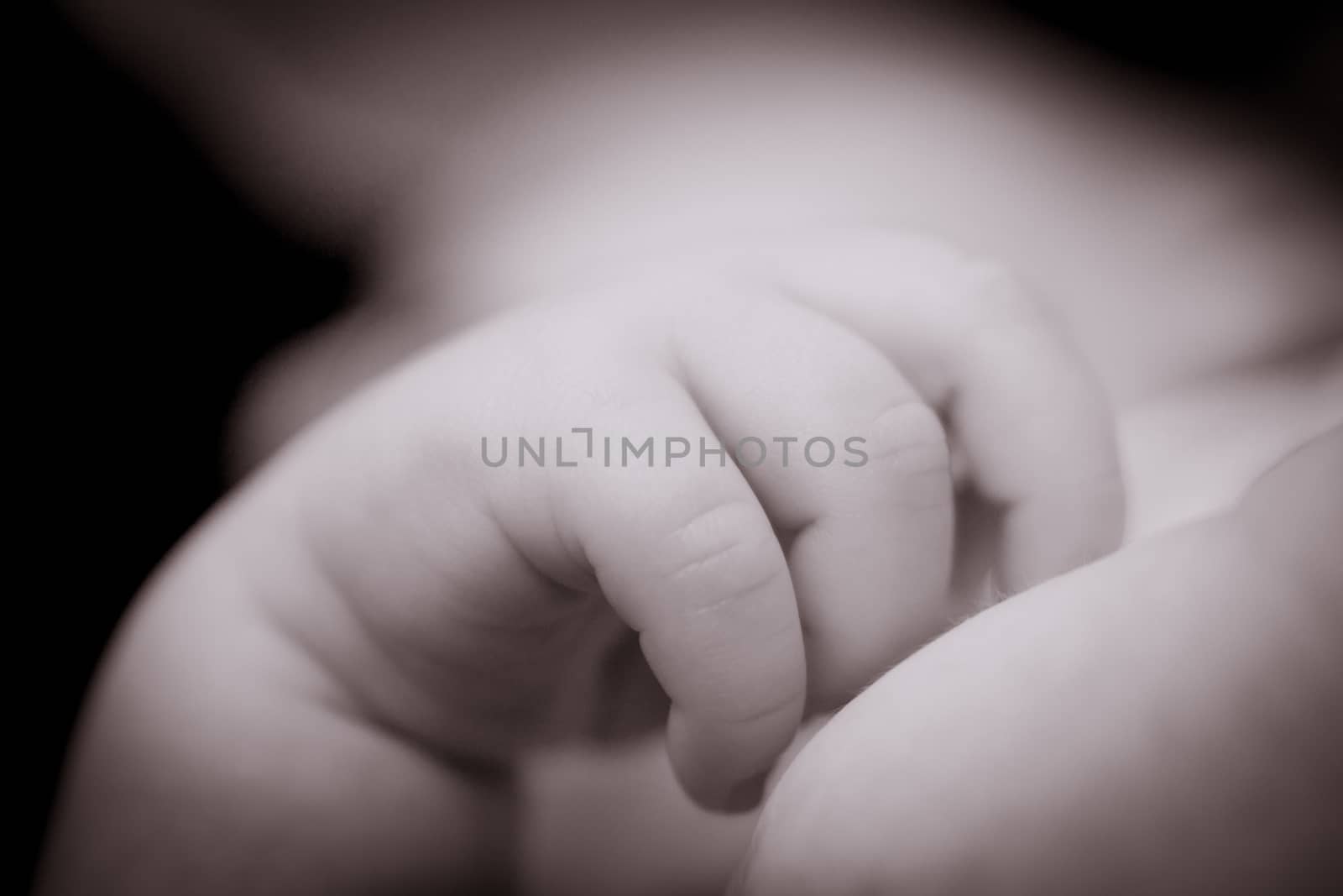 monochrome close up of a baby hands