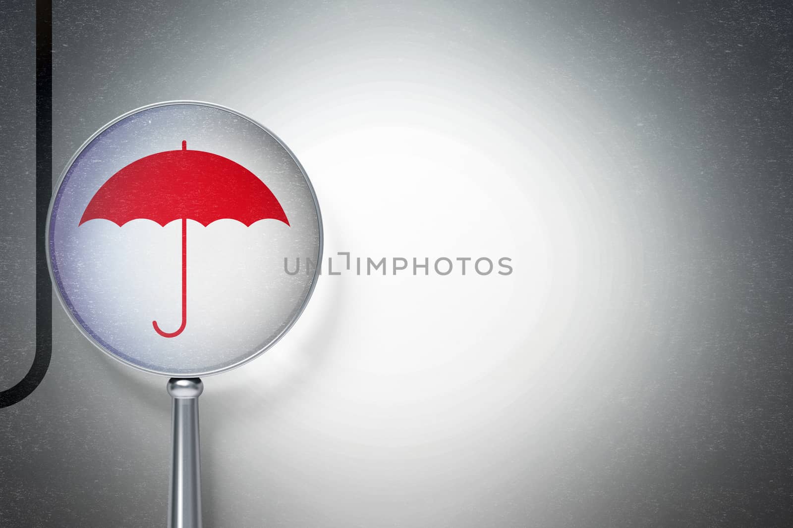 Privacy concept: magnifying optical glass with Umbrella icon on digital background, empty copyspace for card, text, advertising, 3D rendering