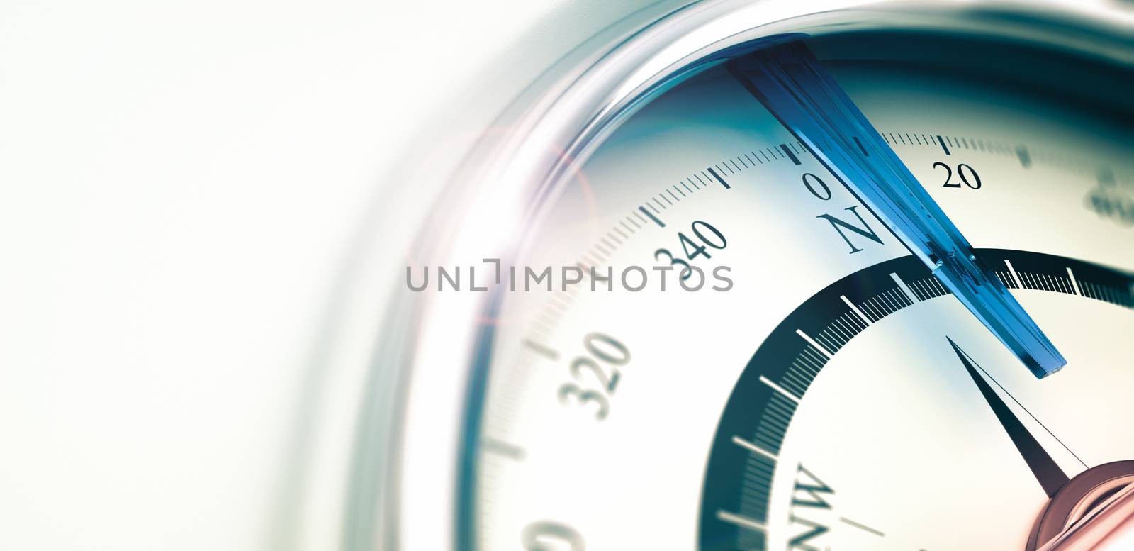 Compass with needle pointing the north, 3D illustration with depth of field effect, horizontal image.