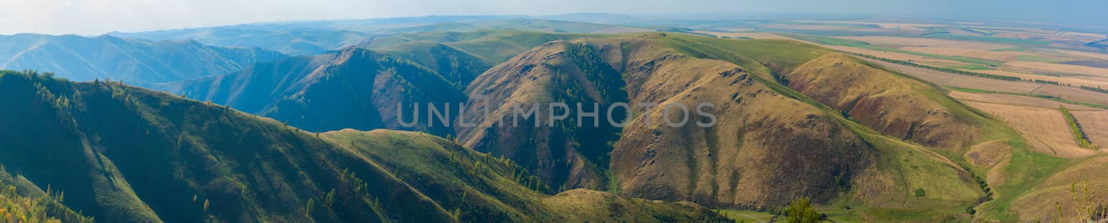 Beauty day in the mountains in Altay, panoramic picture