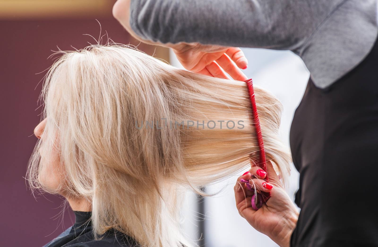 Blond Woman Hair Styling. Caucasian Woman Hairdresser Hair Cut