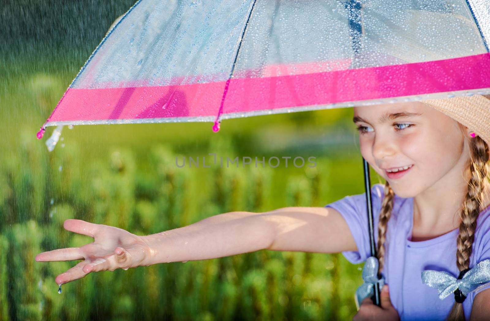 The Summer Rain. Caucasian Girl Under Transparent Umbrella.