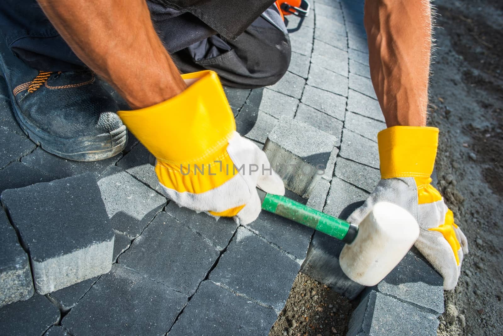 Cobble Brick Paving Works. Men Paving Garden Path using Bricks Closeup Photo.