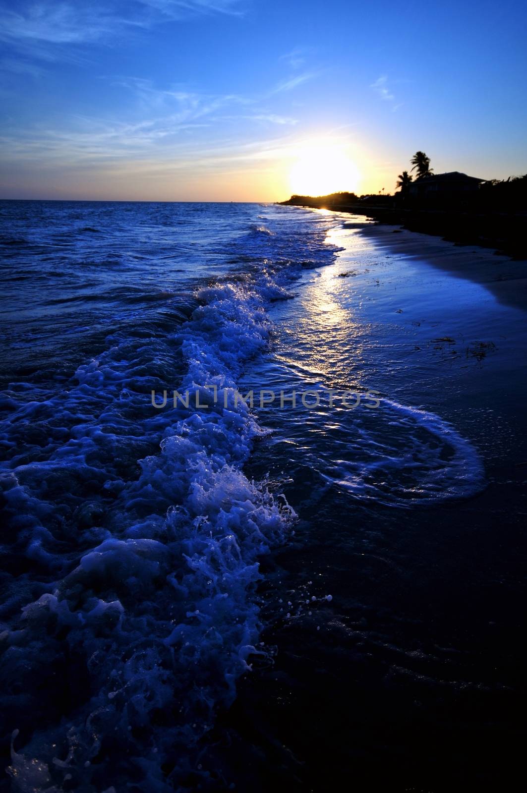 Blue Sunset on the Florida Keys Beach. Bahia Honda State Park Florida USA. Vertical Photo