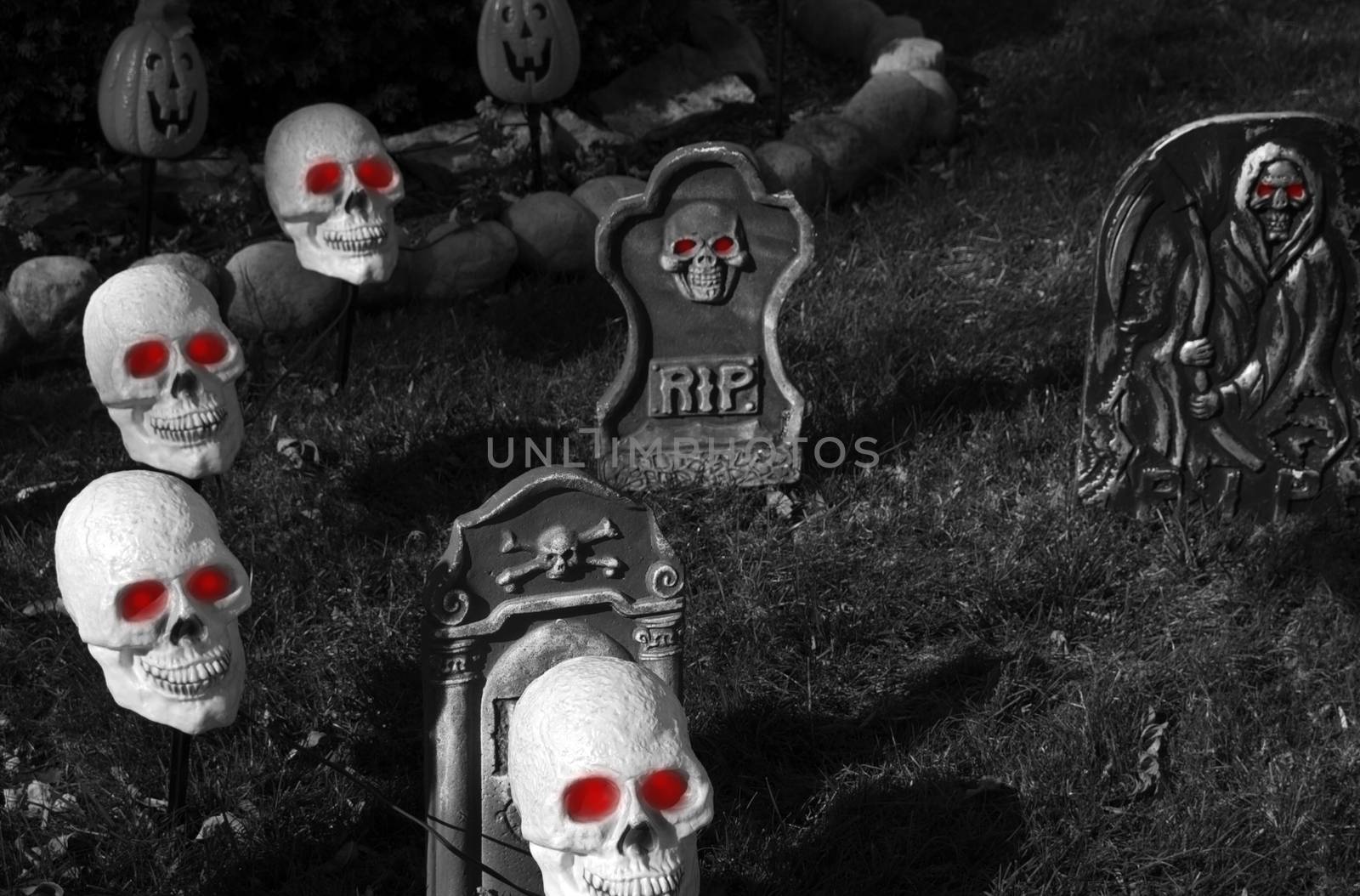 Halloween Graveyard. Halloween Darkness. Skulls with Red Eyes. Halloween Dark Photo Collection