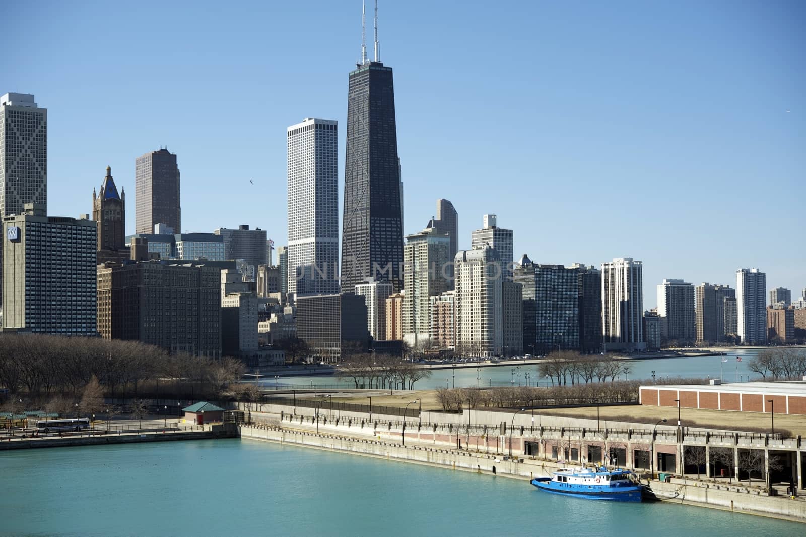 Chicago Lake Front - Clear Blue Sky. Early Spring 2012. Horizontal Panoramic Photography.