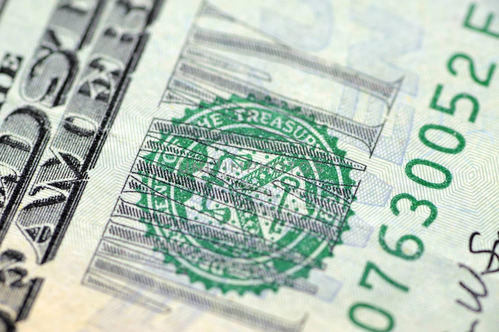 American Dollars Macro Shot. Serial Number and Green Department of Treasury. United States Dollars