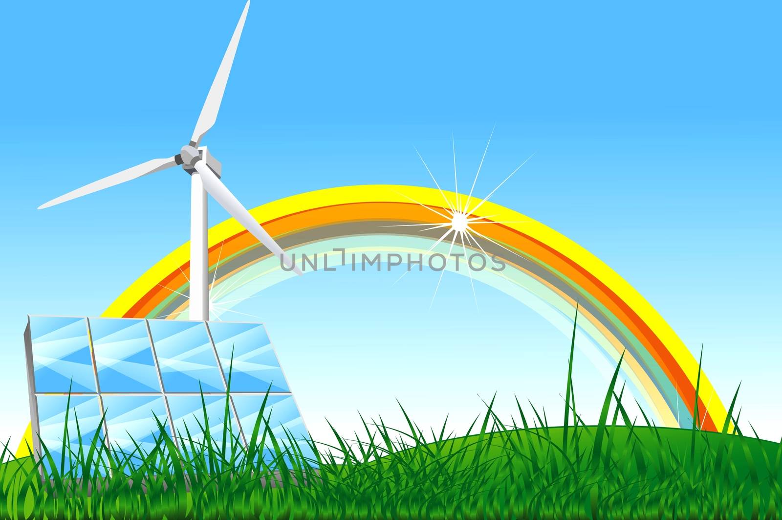 Natural Energy Illustration with Rainbow, Solar Panels and Wind Turbine on the Meadow. This is not a Vector File