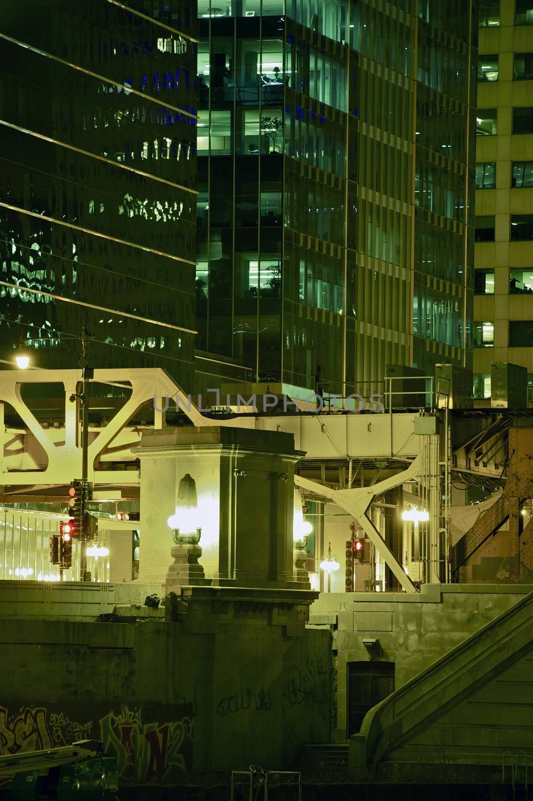 City Closeup at Night. Inside Large American City. Vertical Photography