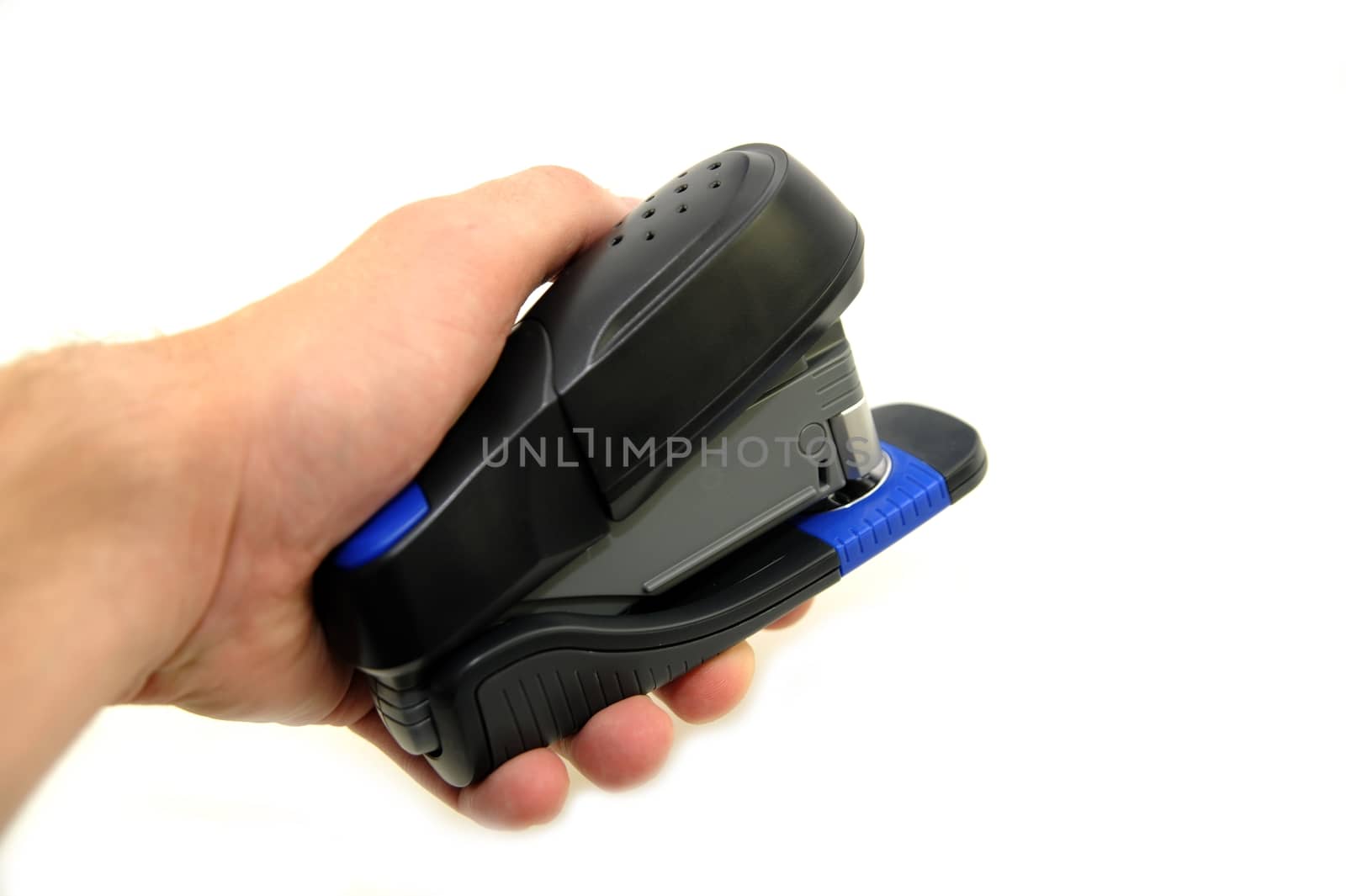 Black Plastic Office Stapler in Hand. White Separated Background.
