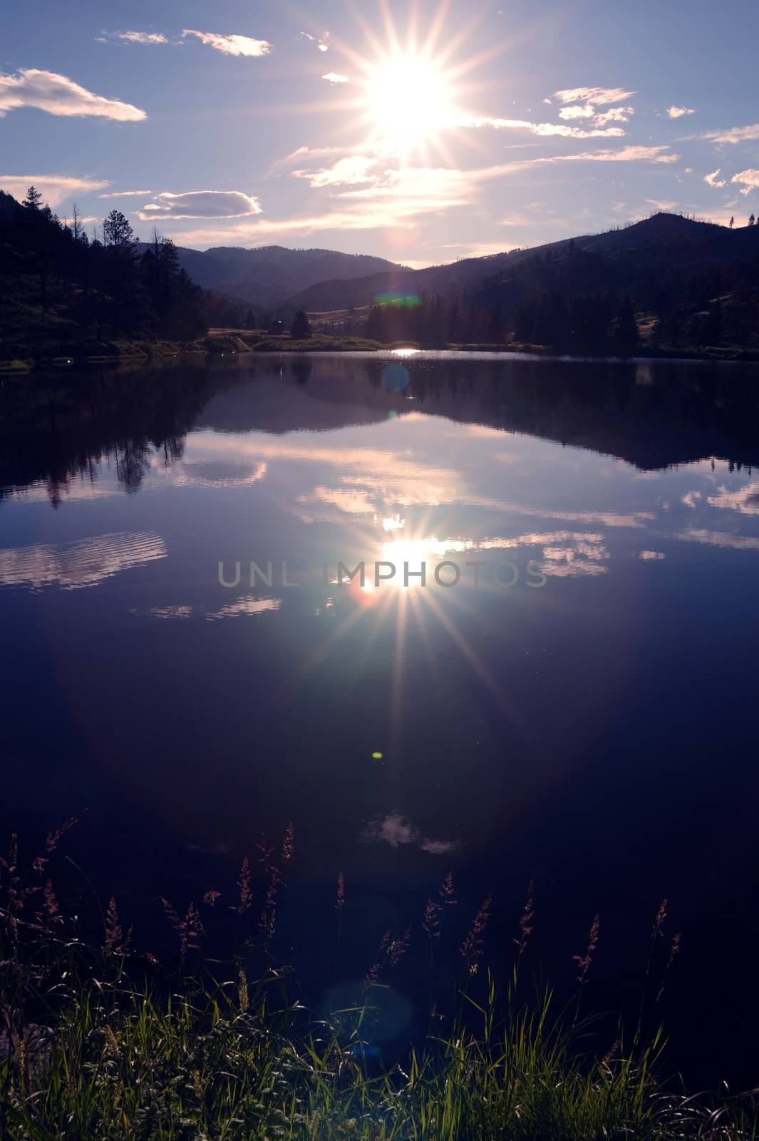 Lake Sunset. Fishing Lake in Colorado USA. Vertical Photo