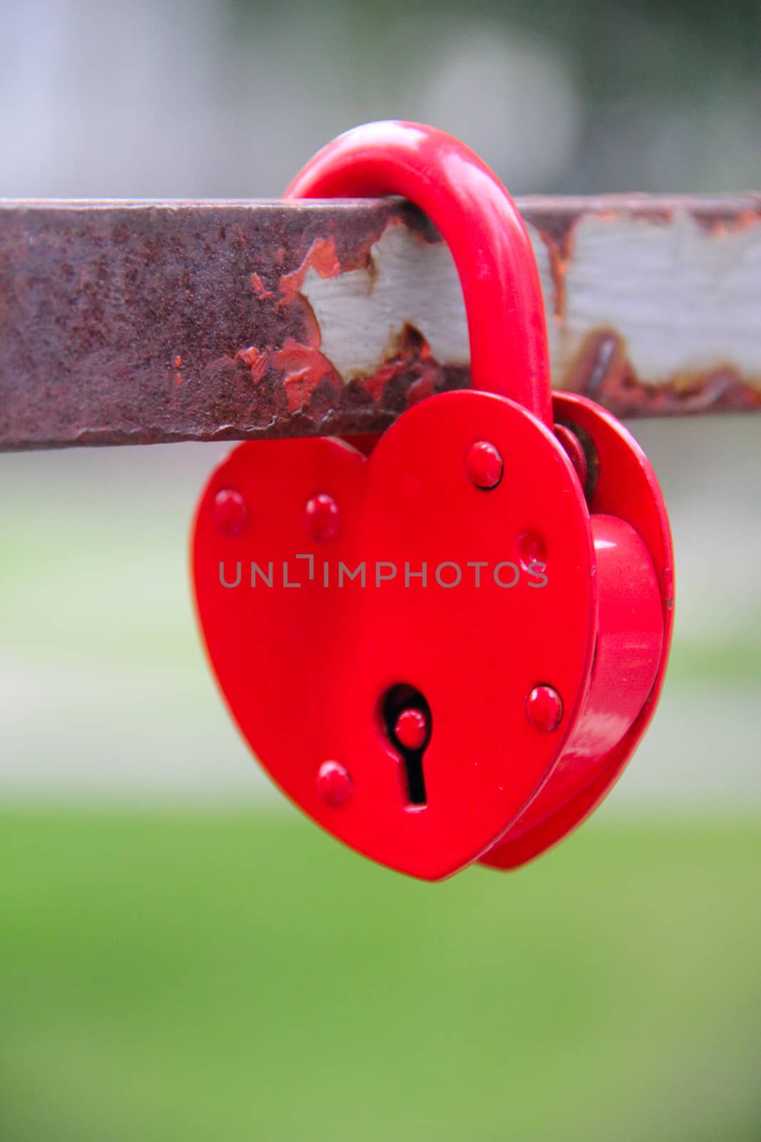 Heart shaped padlock on bridge in Riga, Latvia.
