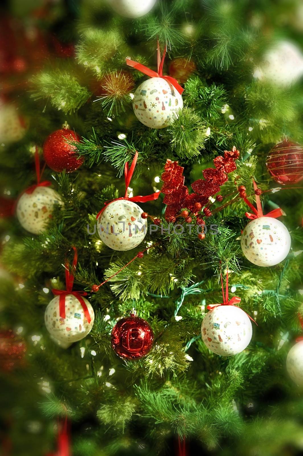 Christmas Background - Christmas Tree Ornaments Vertical Background with Blurred Edges. Seasonal Background