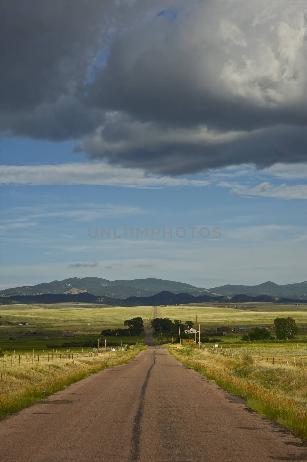 Road to West Cliffe, Colorado, USA. Straight Country Road. Schoolfield Road, West Cliffe.