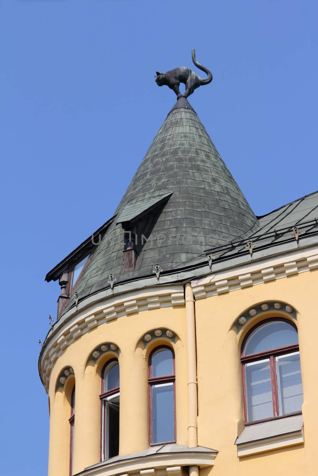 Roof ornamentation with a cat sculpture in old Riga, Latvia