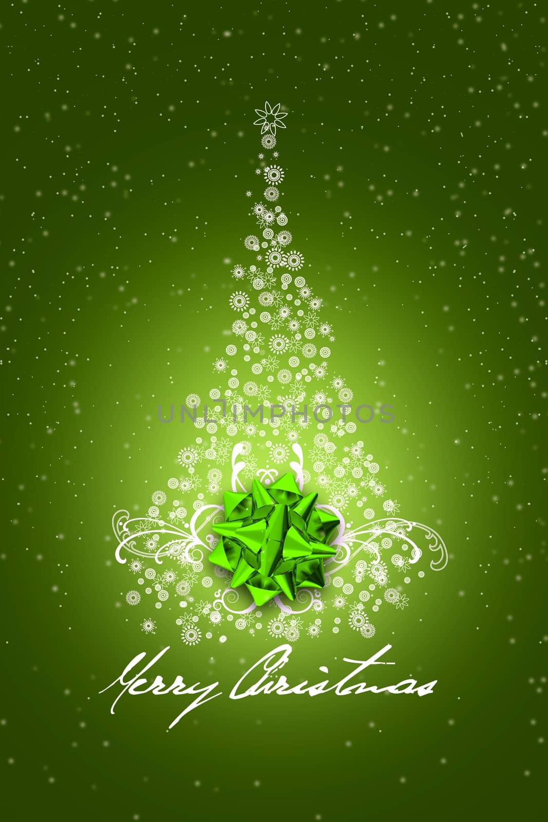 Green Christmas Design. Simple Creative Snowflakes Made Christmas Tree with Green Shiny Bow. Dark Green Background with Snow and Marry Christmas Wishes.