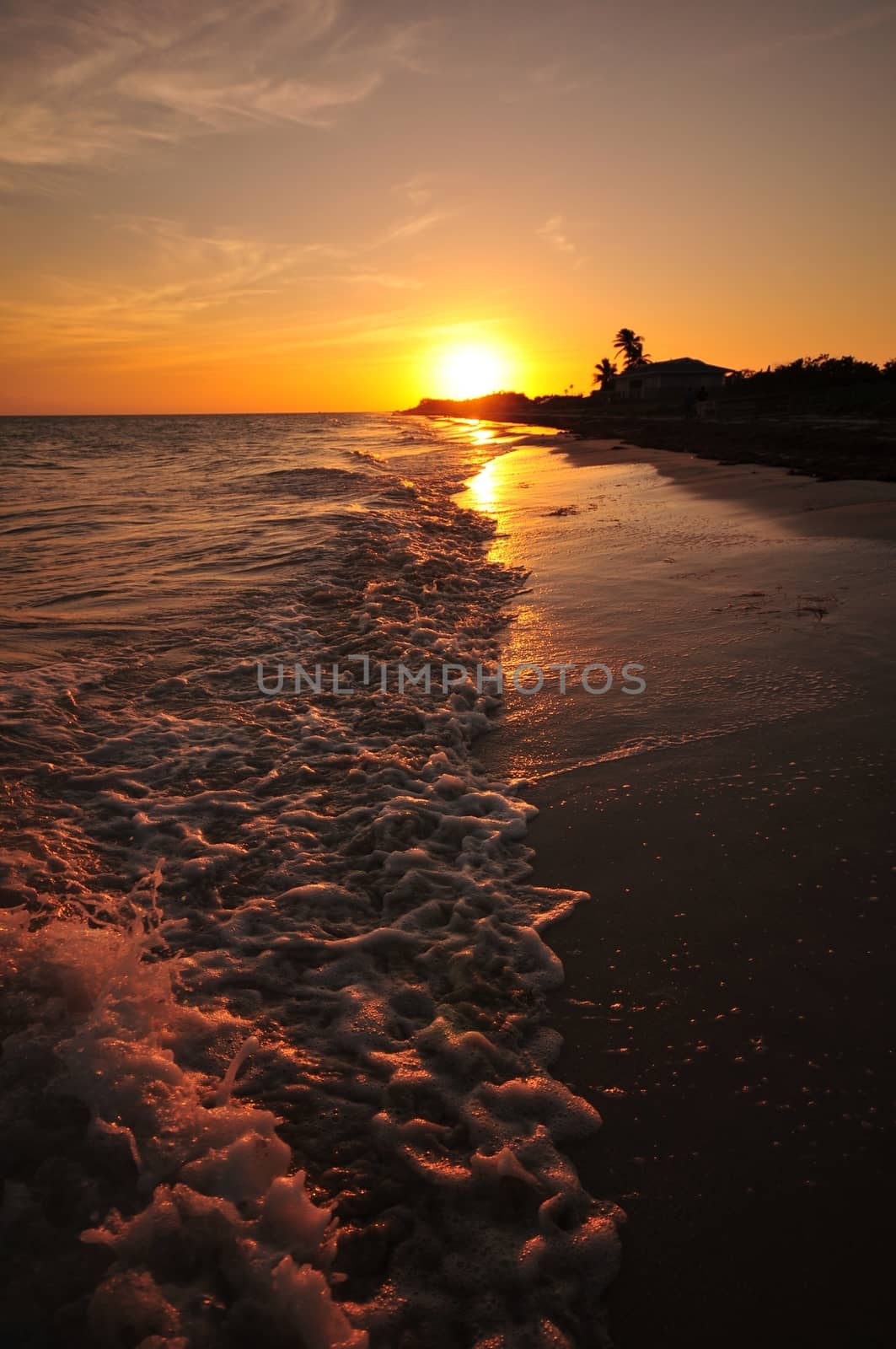 Florida Keys Sunset. Calm Ocean Waters near Sunset. Vertical Photo. Florida Keys, USA.