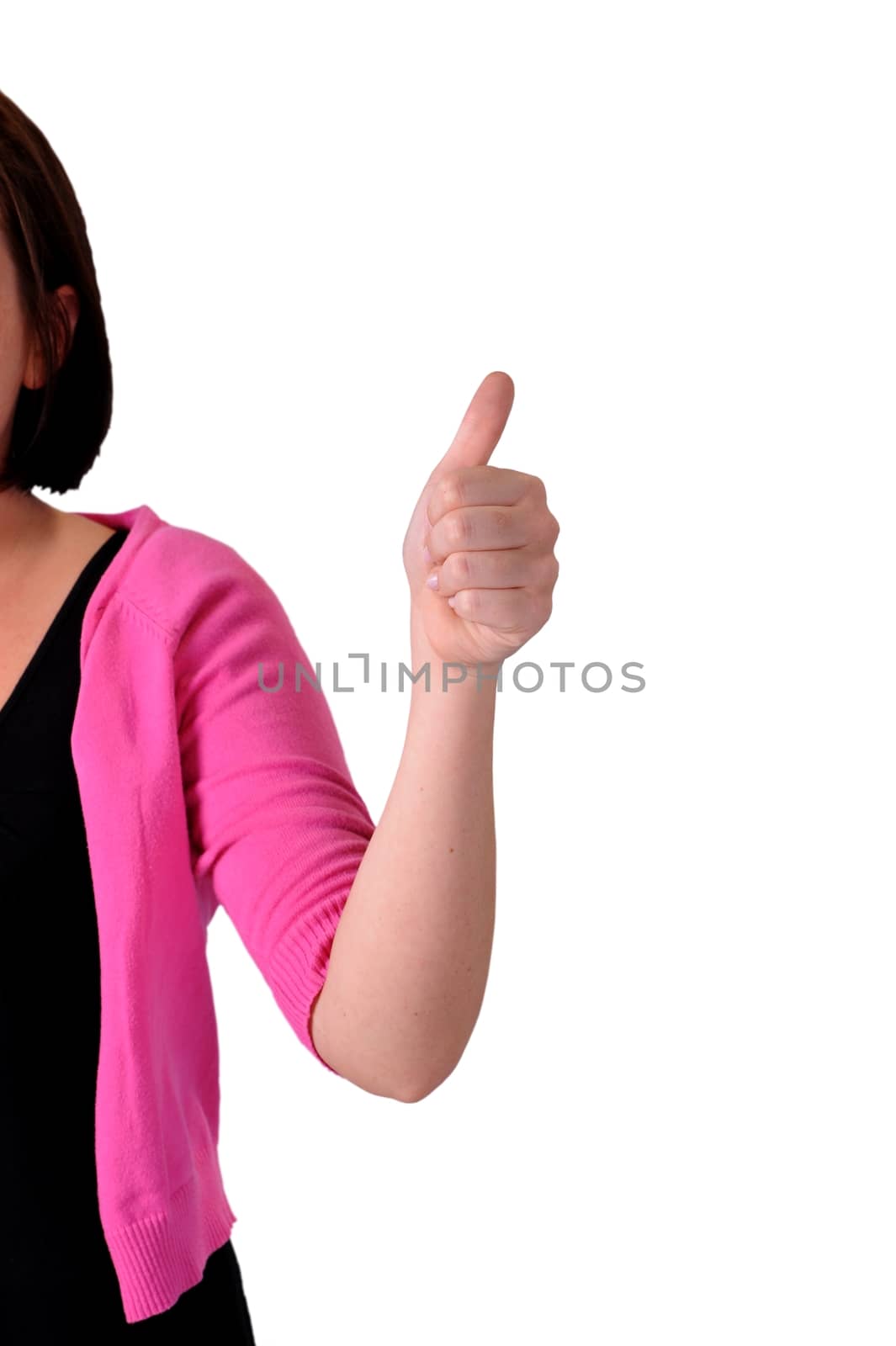 Sounds Good. Clipped Young Female with Hand Up. White Background