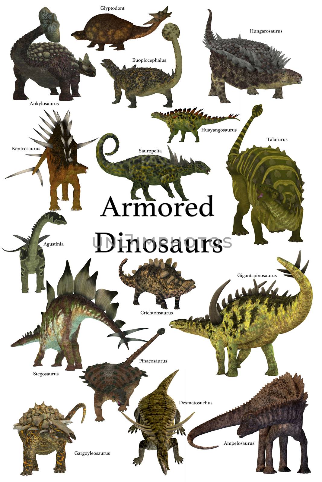 A collection of various armored dinosaurs from different prehistoric periods of Earth's history.