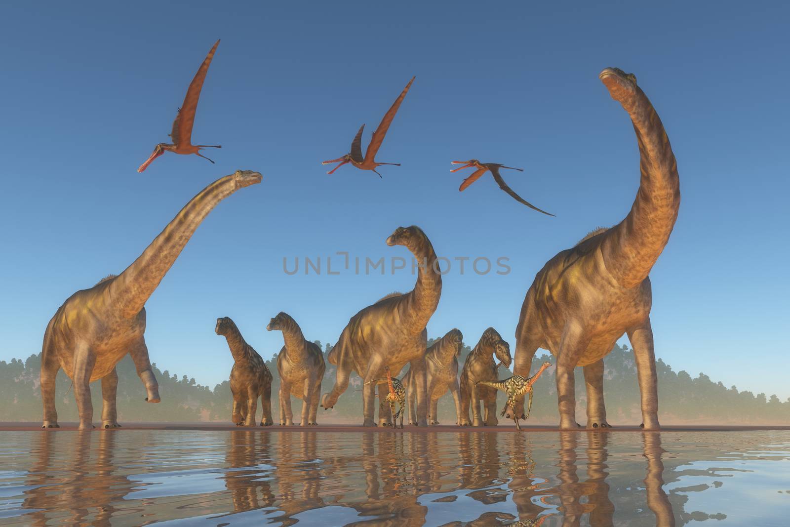 An Argentinosaurus and Deinocheirus herd gets upset when a flock of Anhanguera reptiles fly to close to them.