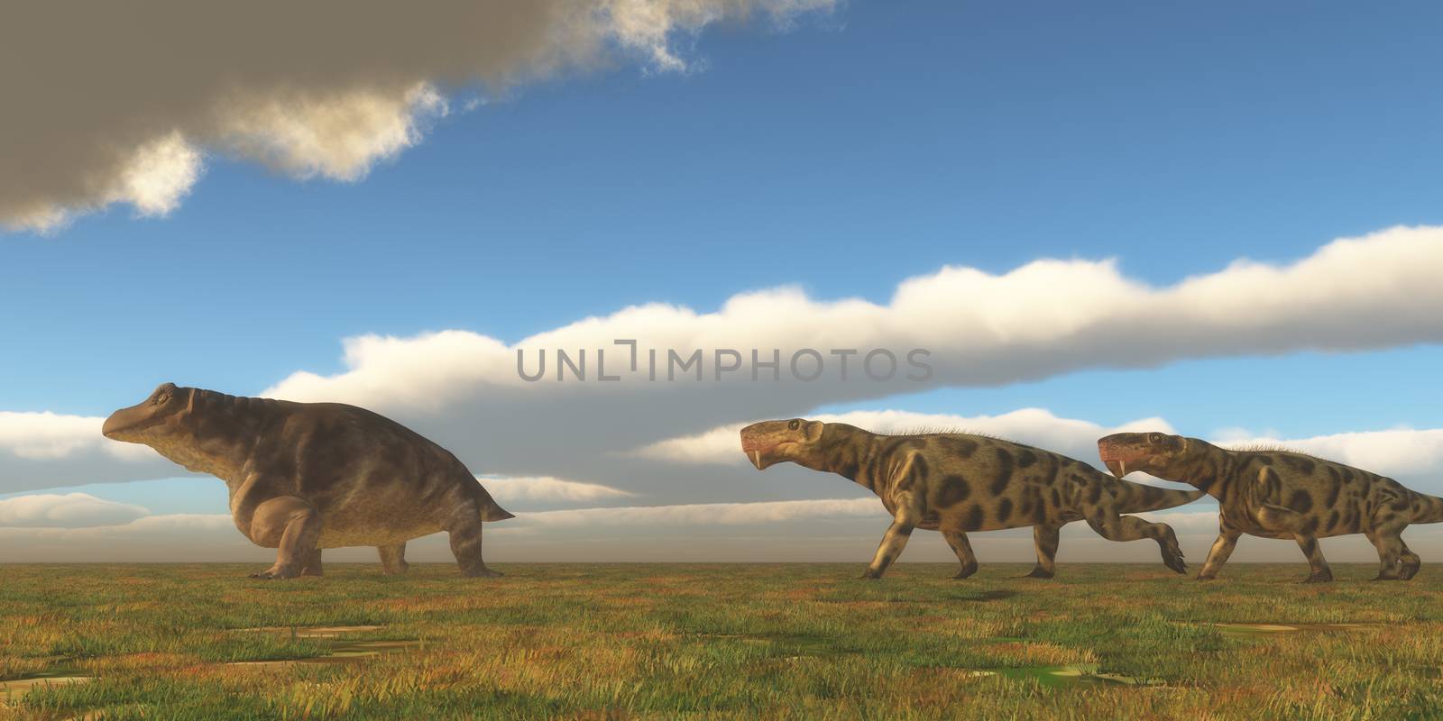 Two Inostrancevia dinosaurs go after a Keratocephalus on a grassy plain in the Permian Period.