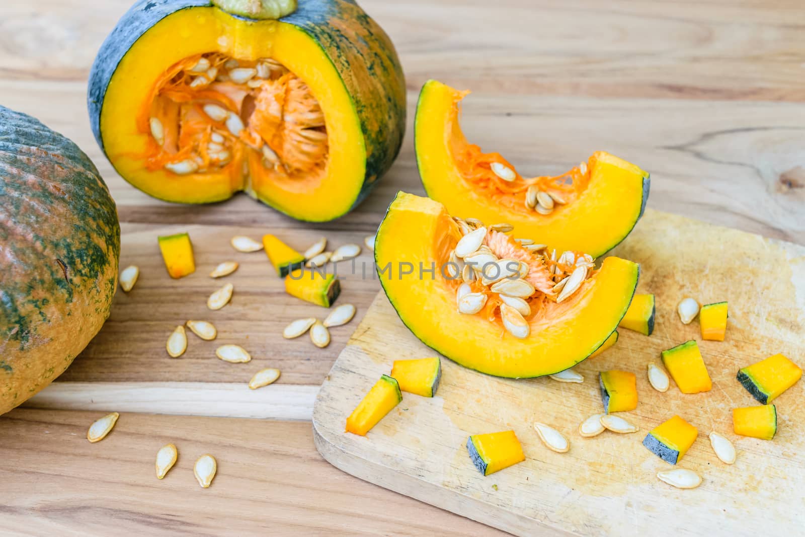 Sliced pumpkin on kitchen table