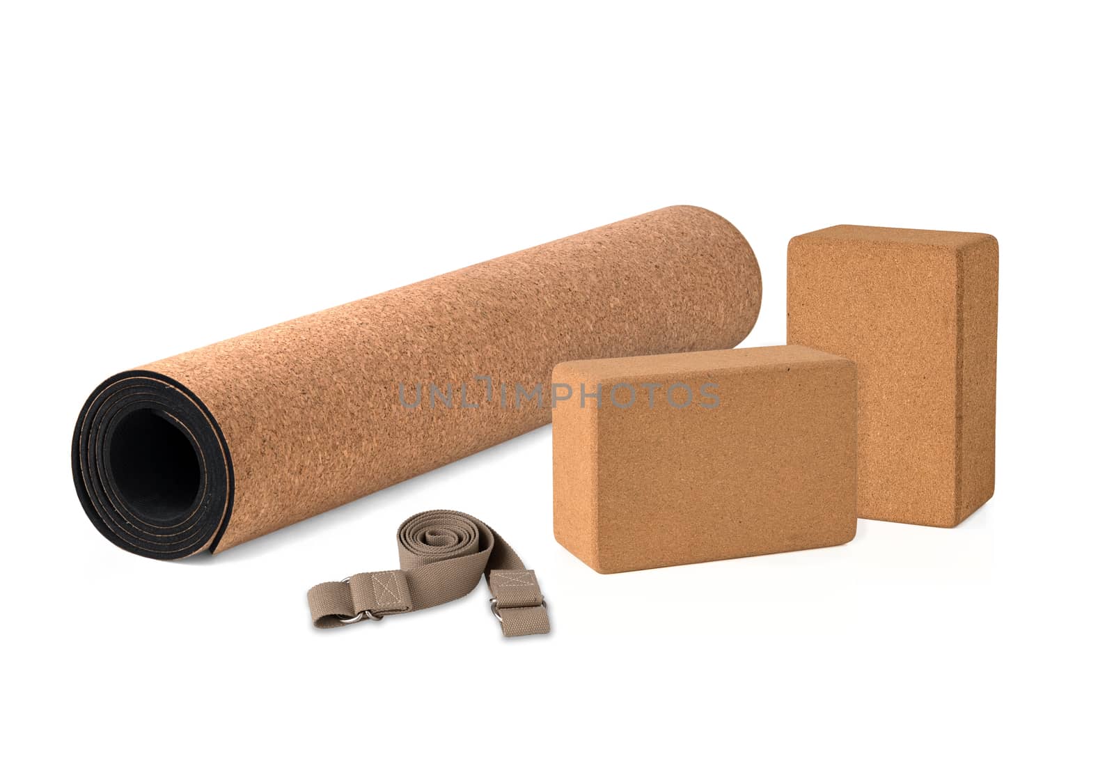 Yoga Cork Mat Set Eco Friendly on White Backgroundoga Cork Mat S by praethip