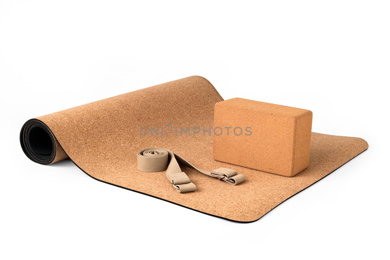Cork Yoga Mat Set With Cork Block and Strap, Premium Eco Friendly Product on White Background