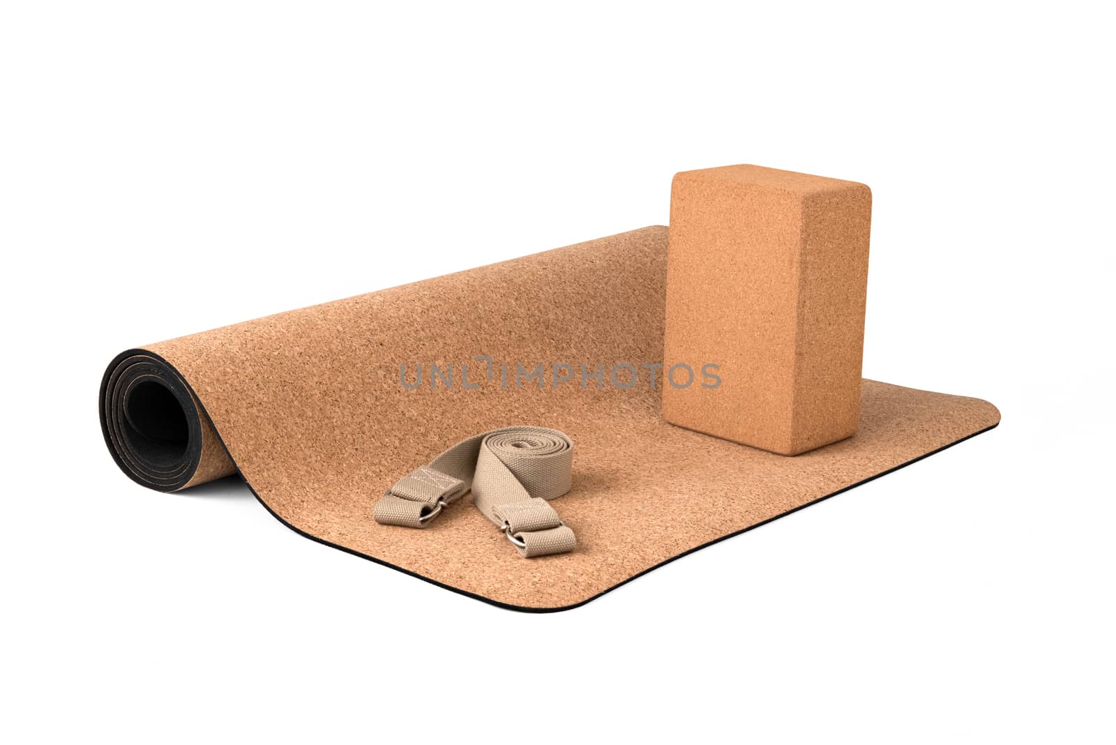 Yoga Cork Mat Set Eco Friendly on White Background by praethip