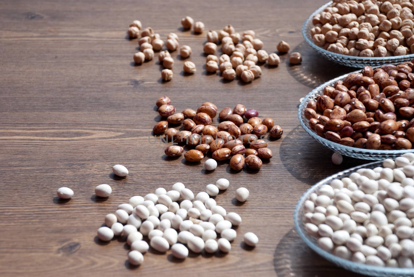 Pulses in a bowl (Haricot beans, kidney bean and chickpea)