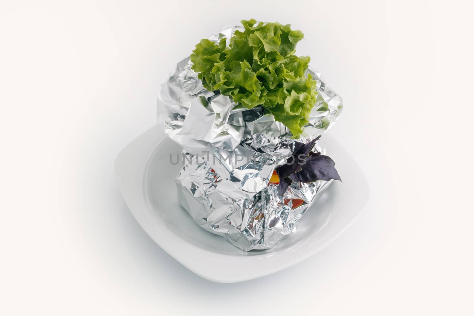 Meat, vegetables, fish baked in aluminum foil and decorated with fresh herbs. On a white plate close-up