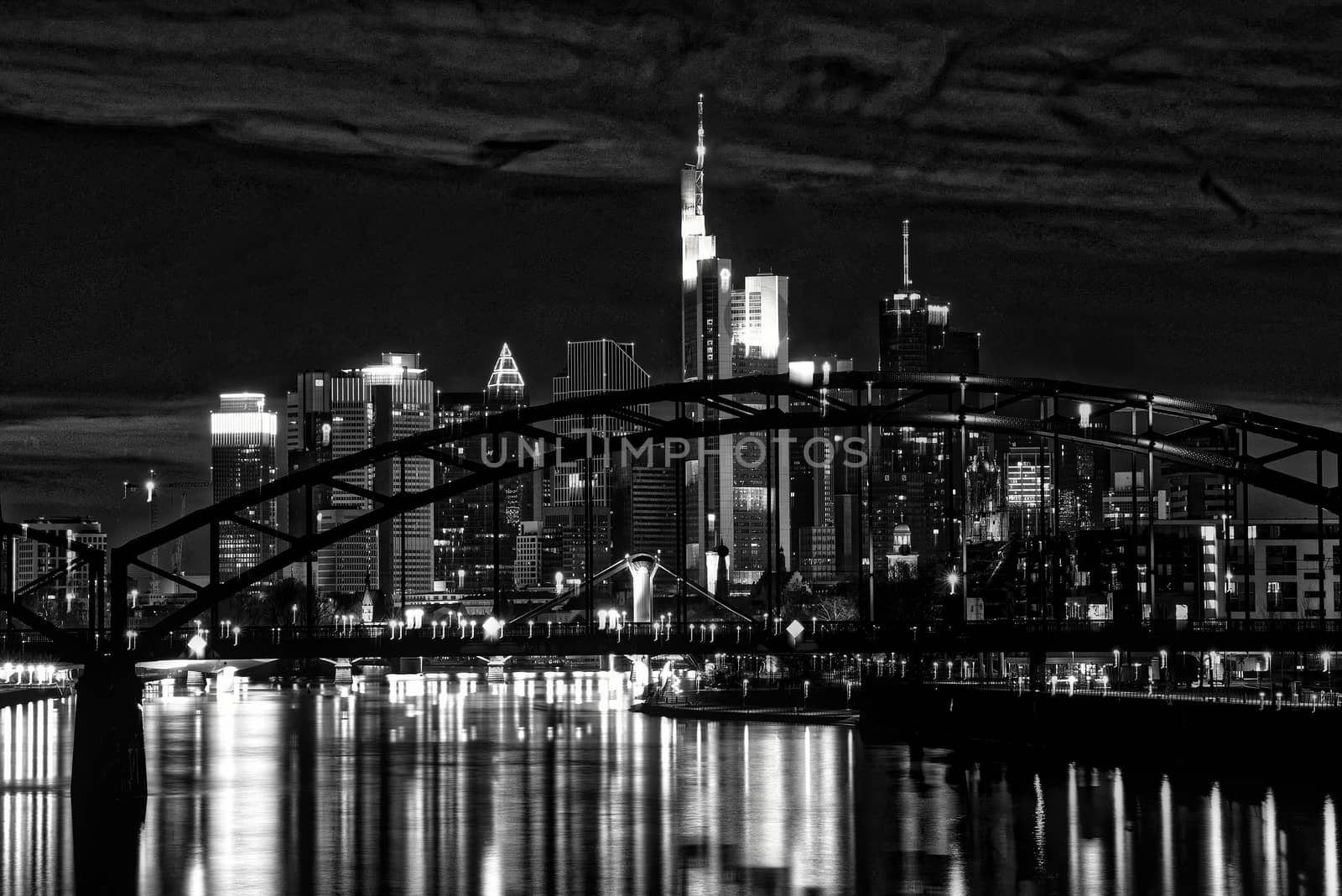 Frankfurt Skyline with river reflections black and white modern