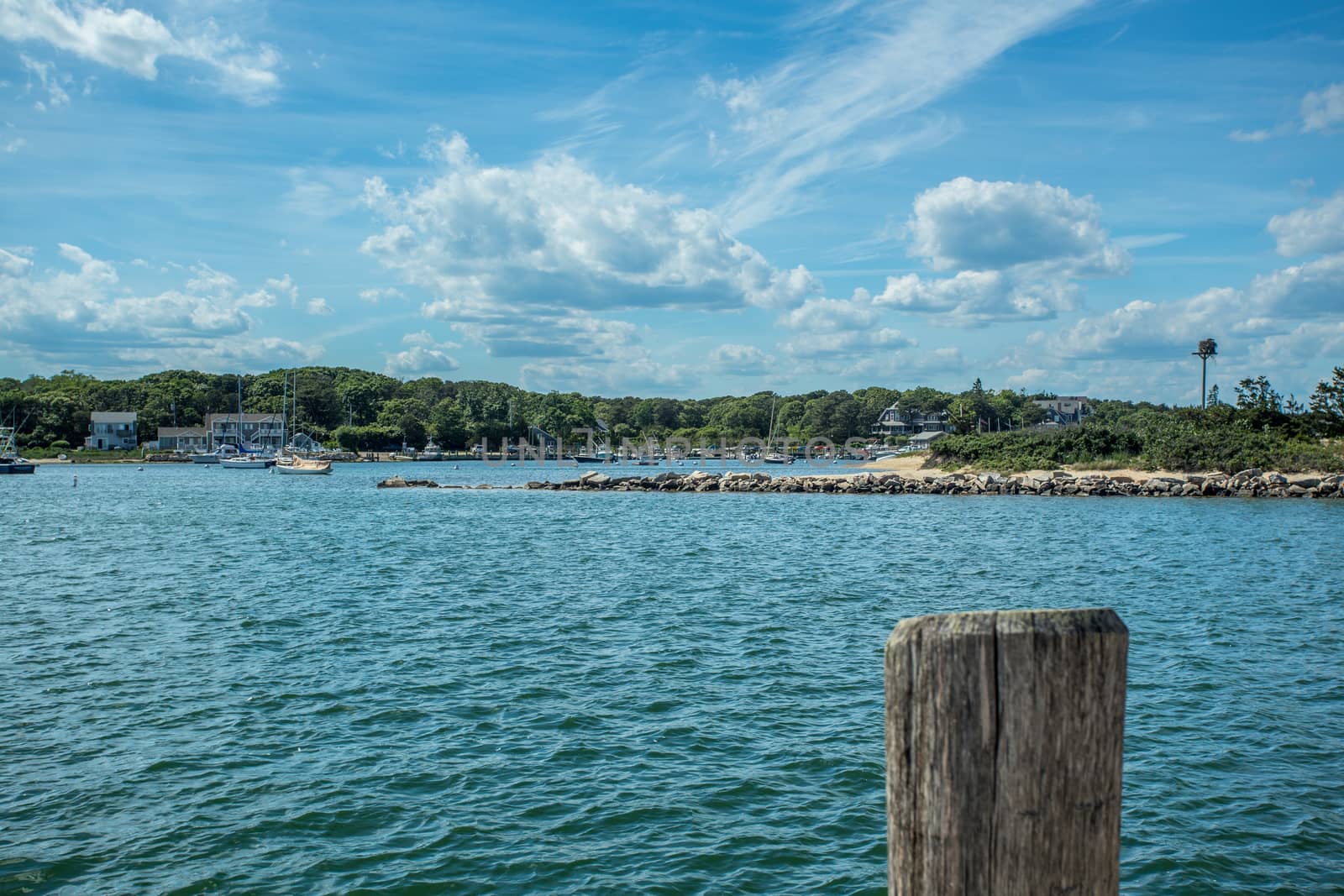 A view of Oak Bluffs Harbor on Martha's Vineyard Massachusetts from Vineyard Sound.