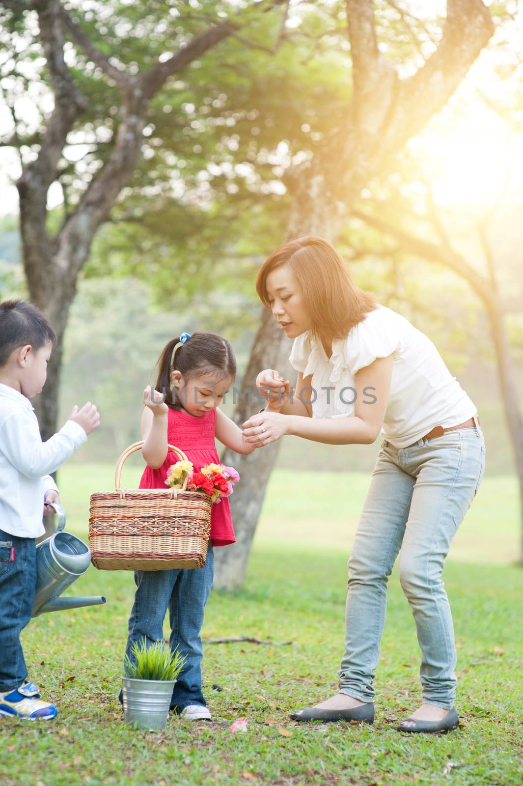 Mother and children playing in the park. Family outdoor fun, morning with sun flare.