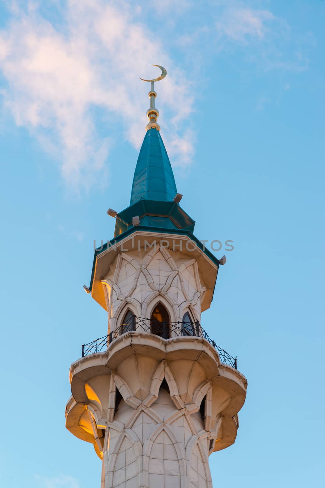 View of the minaret mosque Kul-Sharif at a sunset. Russia, Tatarstan