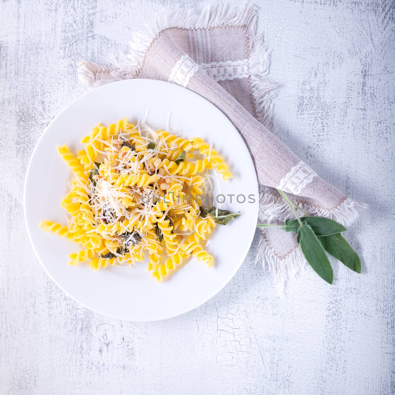 Fusilli pasta with sage and pine nuts. Gluten free. Flour from rice and corn flour