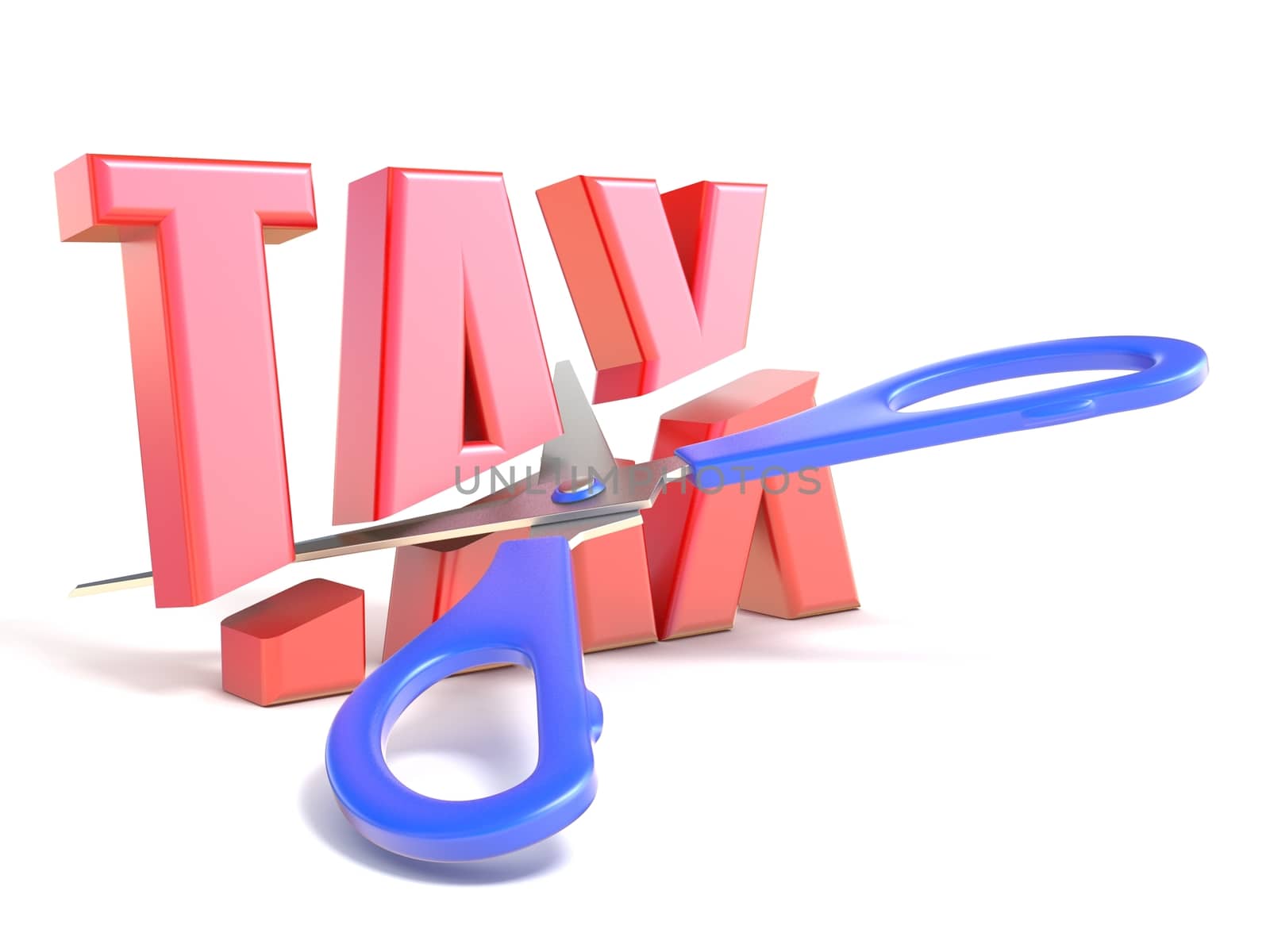 Scissors cut word TAX 3D render illustration isolated on white background