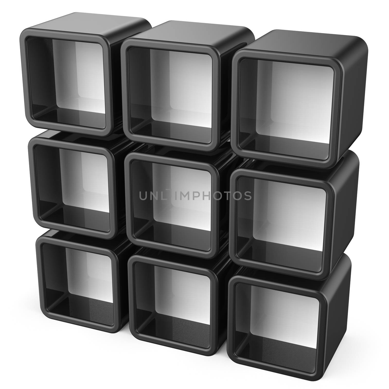 Copy space black and white shelf set 3D render illustration isolated on white background