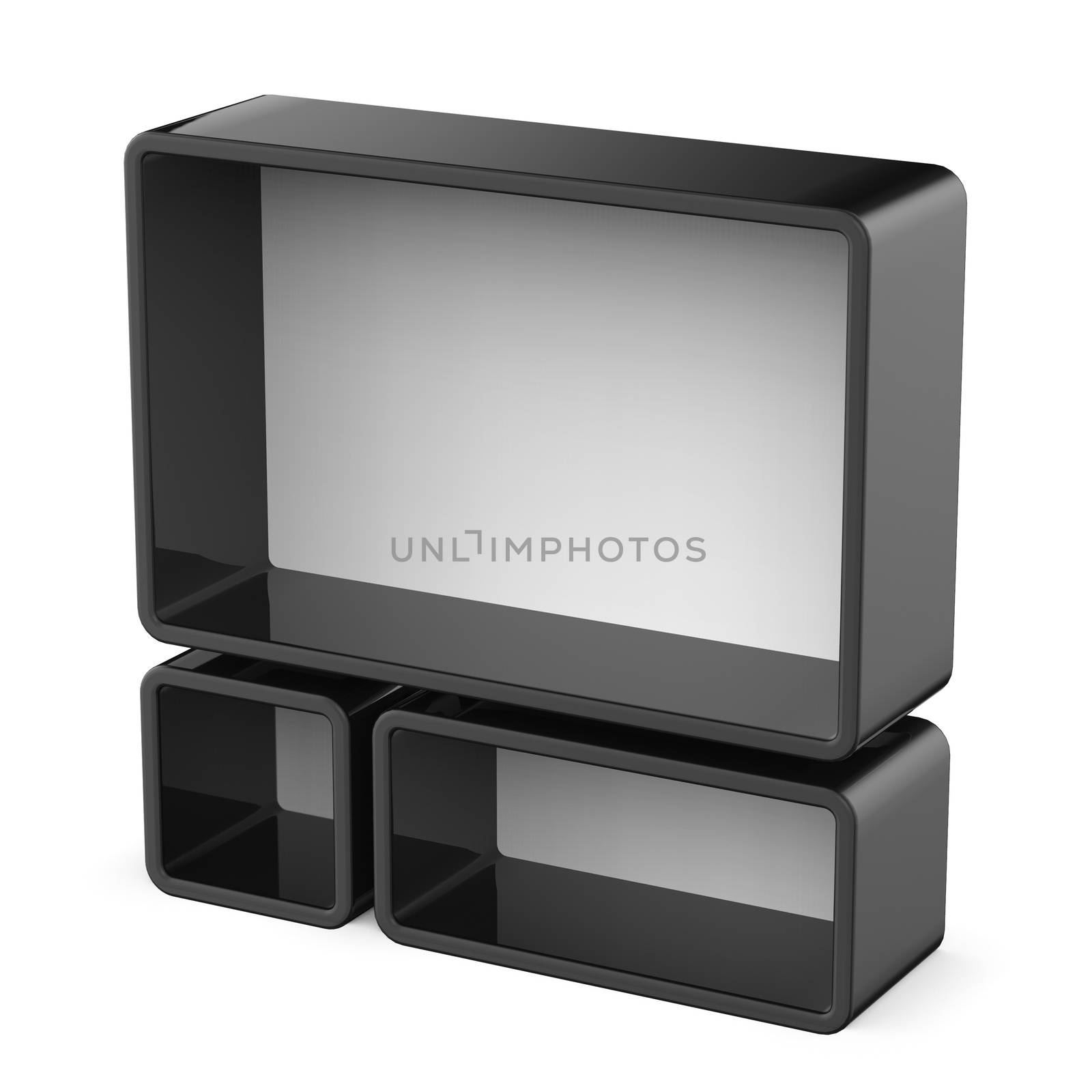 Copy space black and white shelf set 3D render illustration isolated on white background