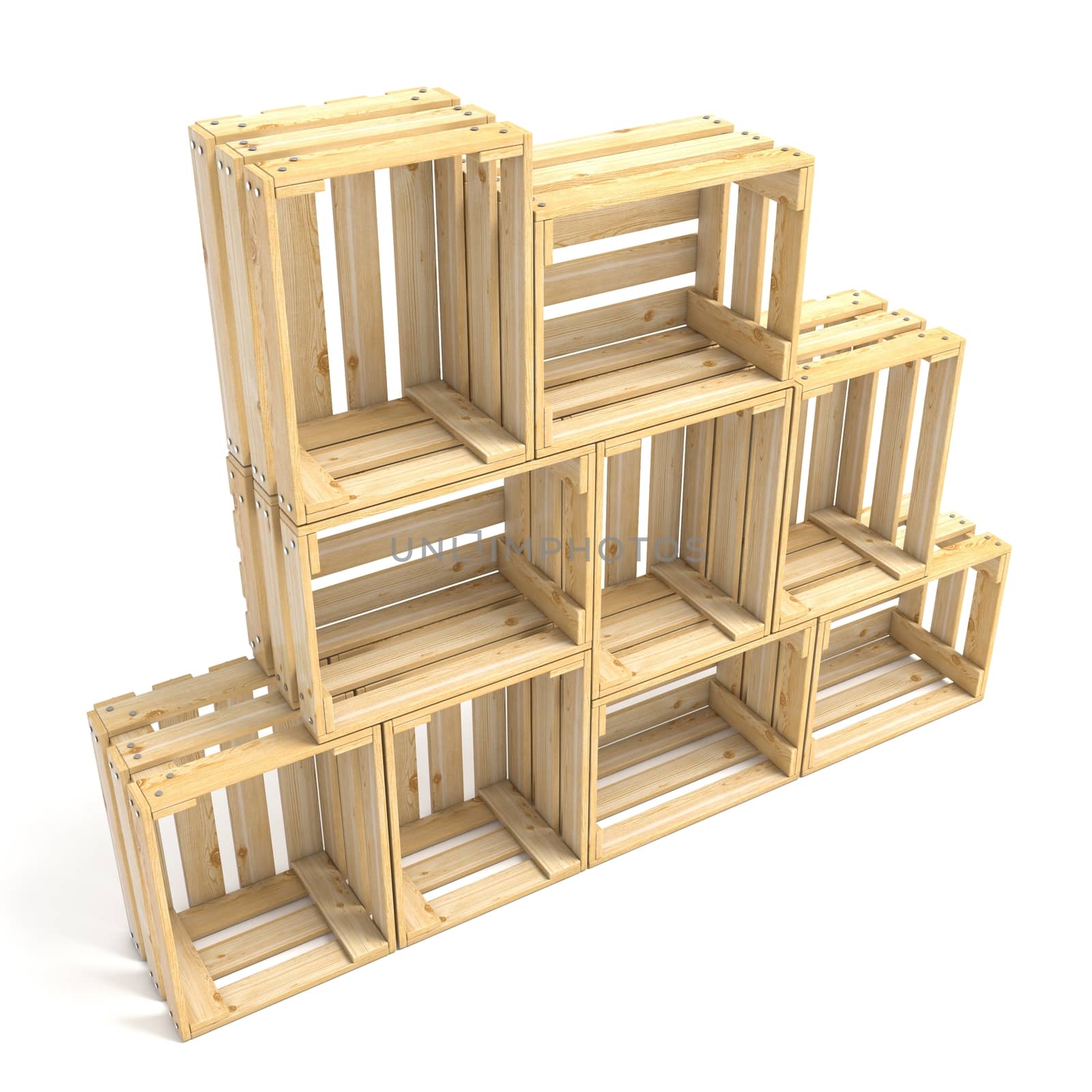 Empty wooden crates arranged Side view 3D by djmilic