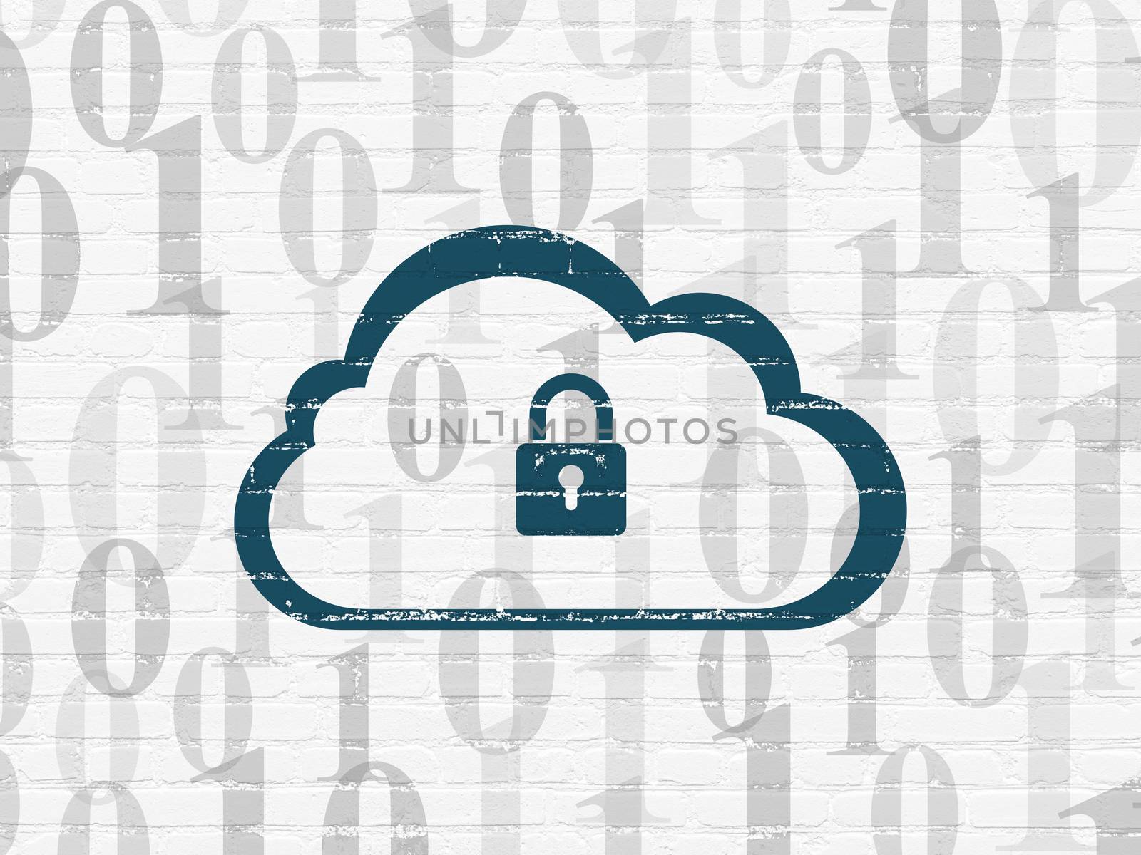 Cloud networking concept: Painted blue Cloud With Padlock icon on White Brick wall background with  Binary Code