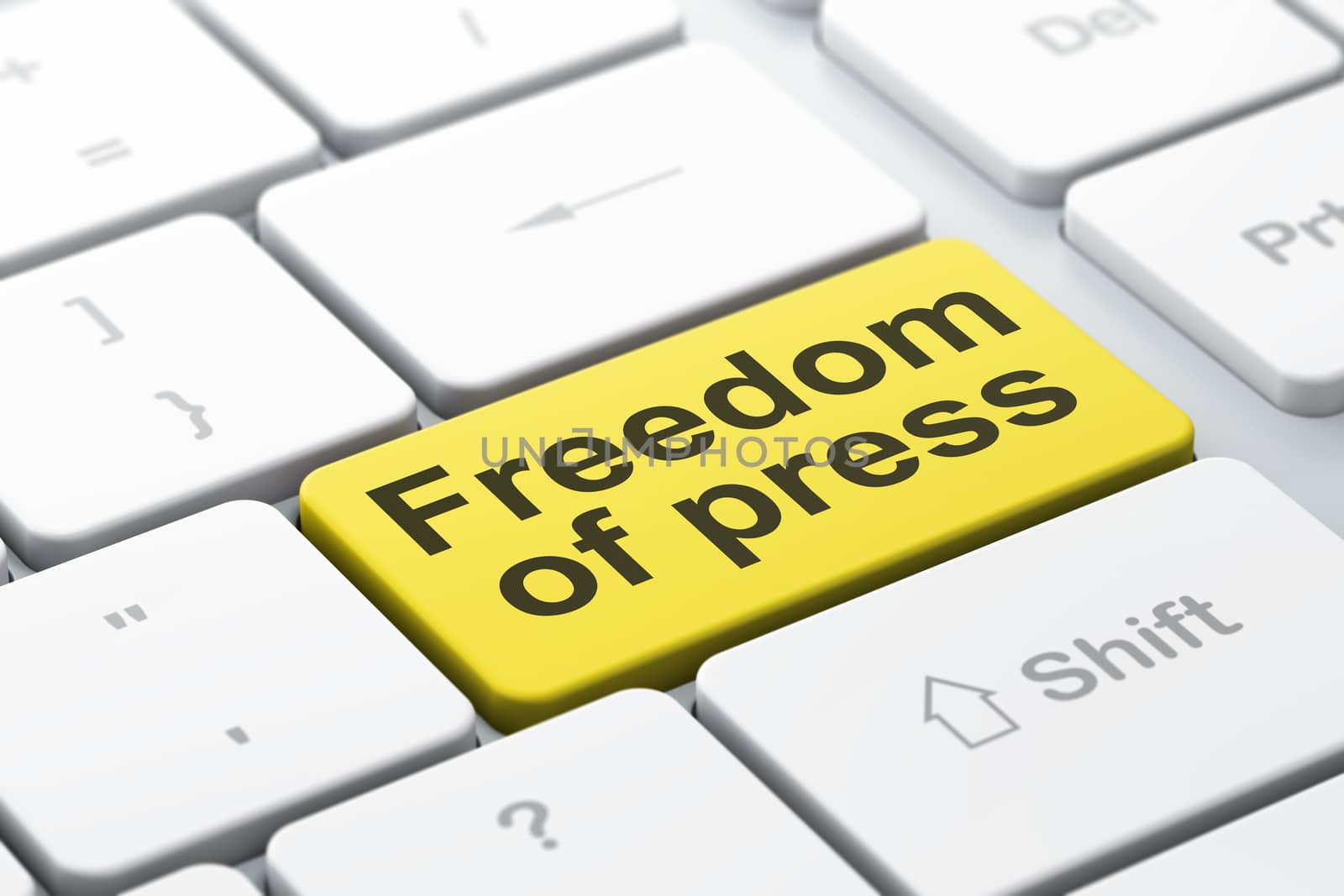 Politics concept: computer keyboard with word Freedom Of Press, selected focus on enter button background, 3D rendering