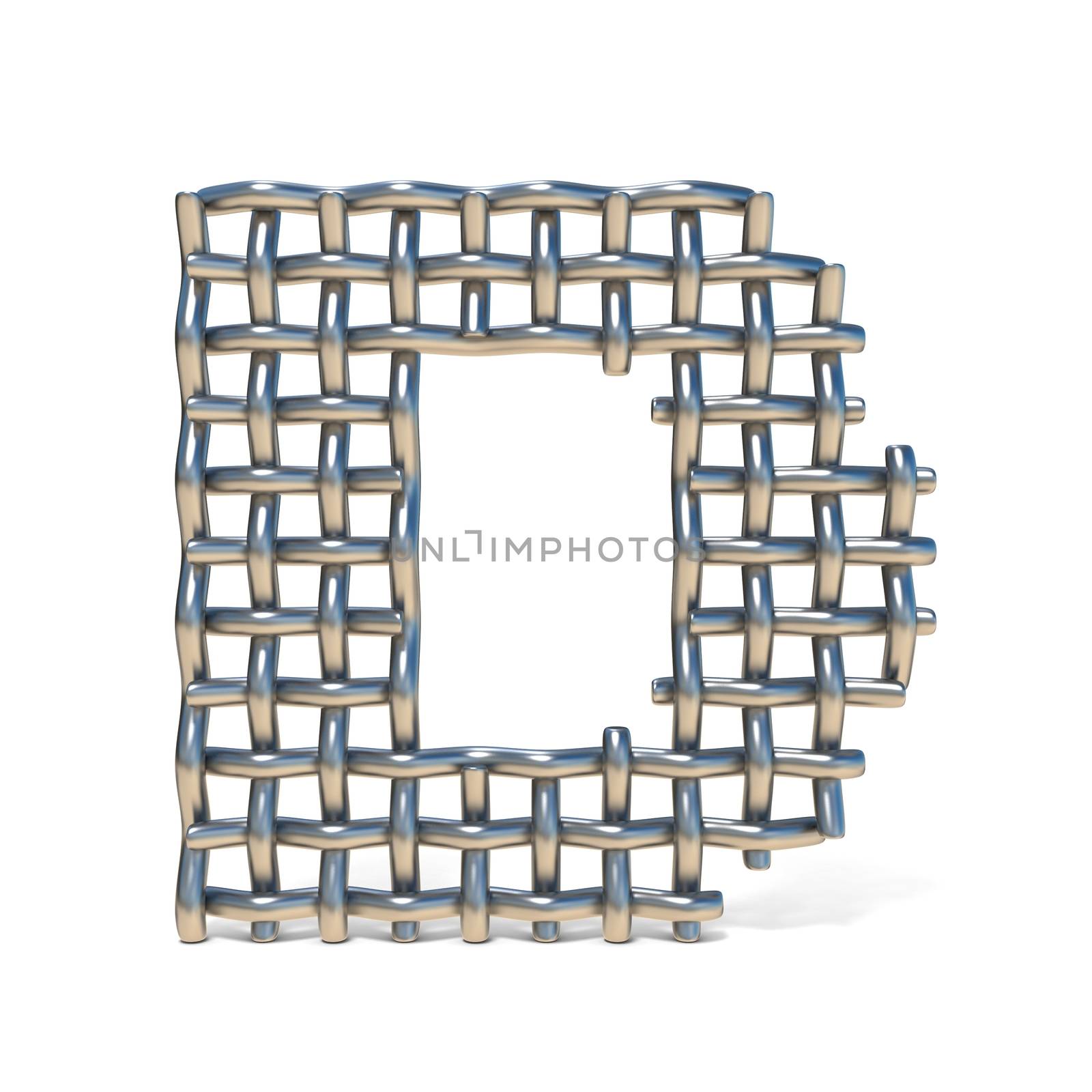 Metal wire mesh font LETTER D 3D render illustration isolated on white background