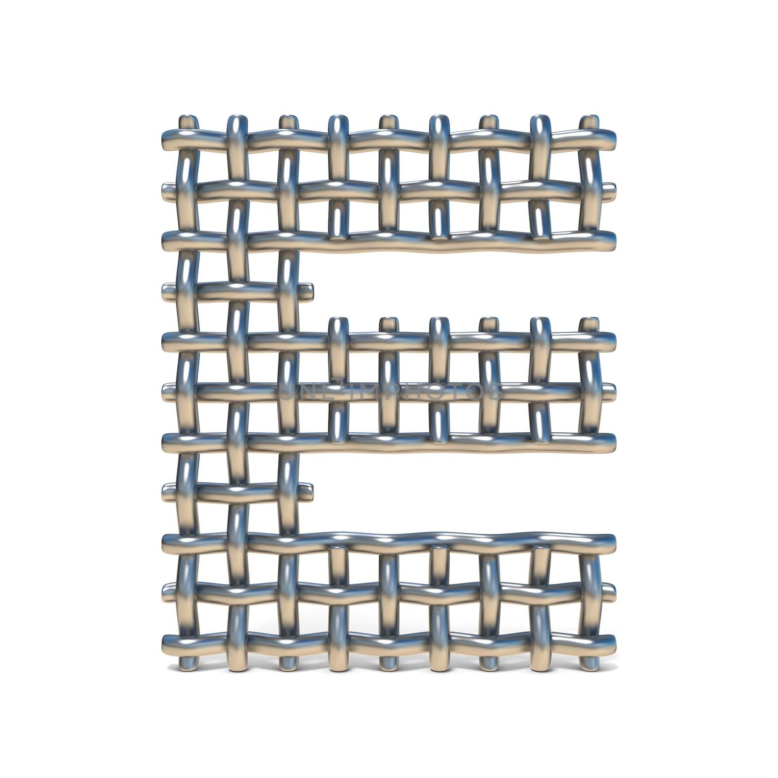Metal wire mesh font LETTER E 3D render illustration isolated on white background