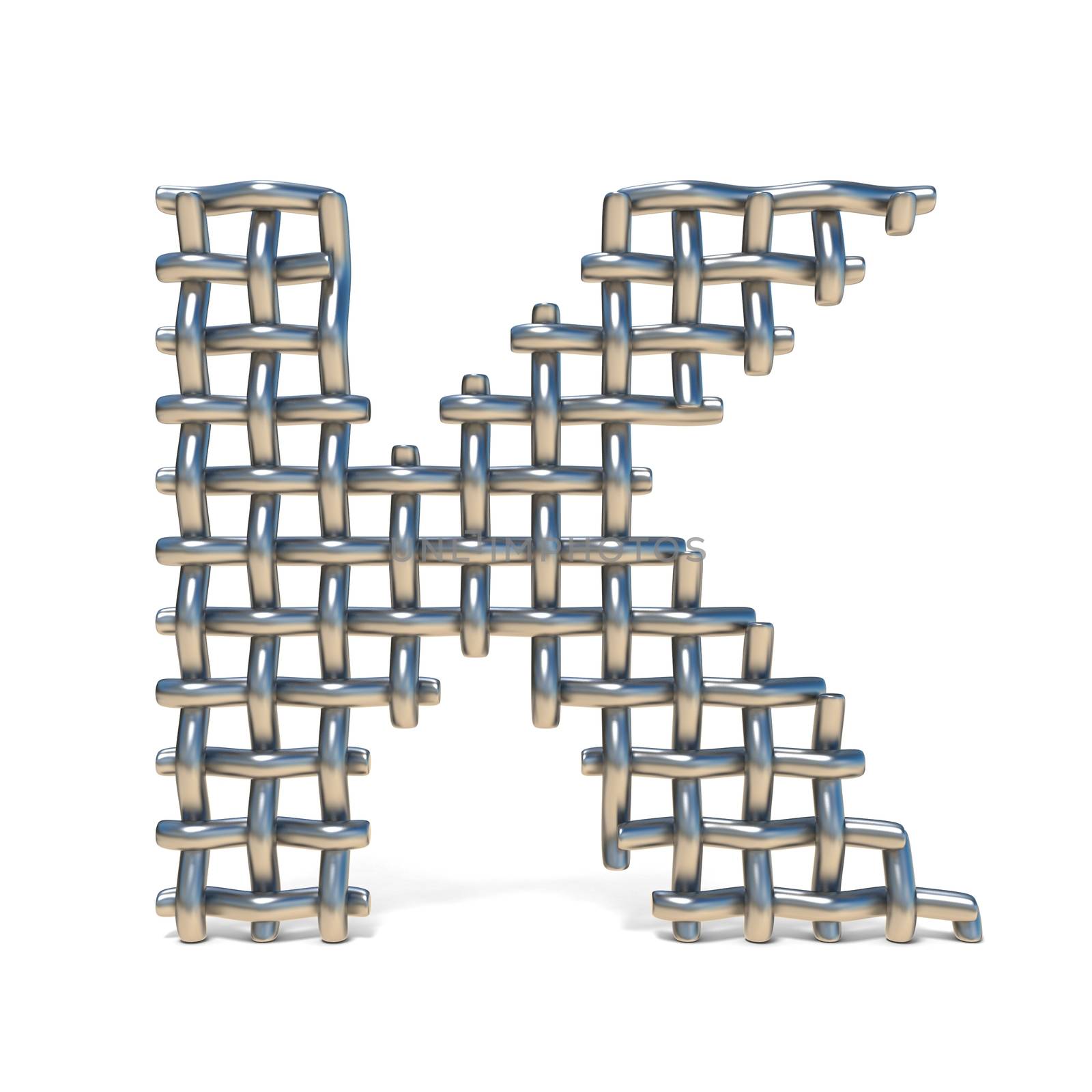 Metal wire mesh font LETTER K 3D render illustration isolated on white background