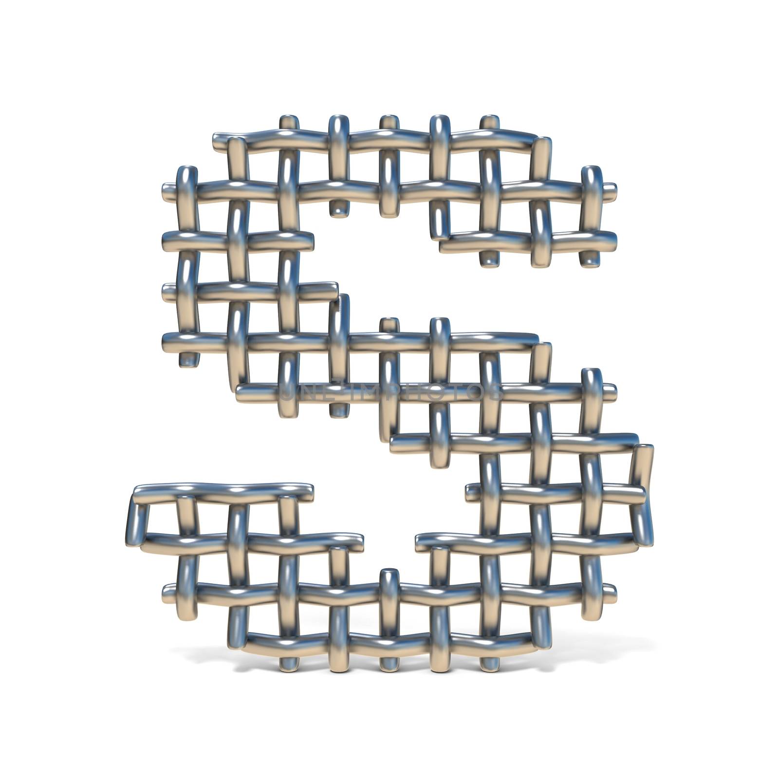 Metal wire mesh font LETTER S 3D render illustration isolated on white background