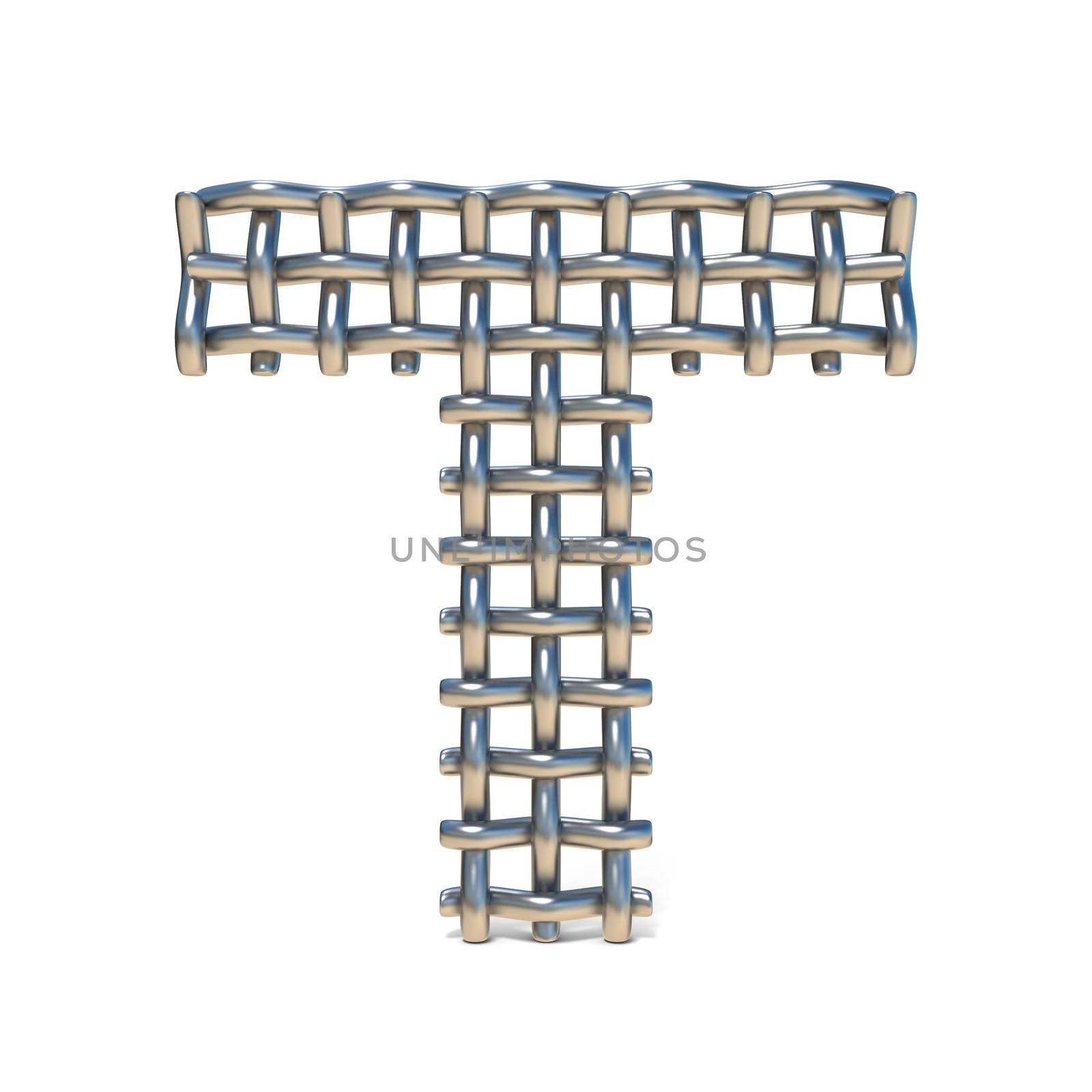 Metal wire mesh font LETTER T 3D render illustration isolated on white background