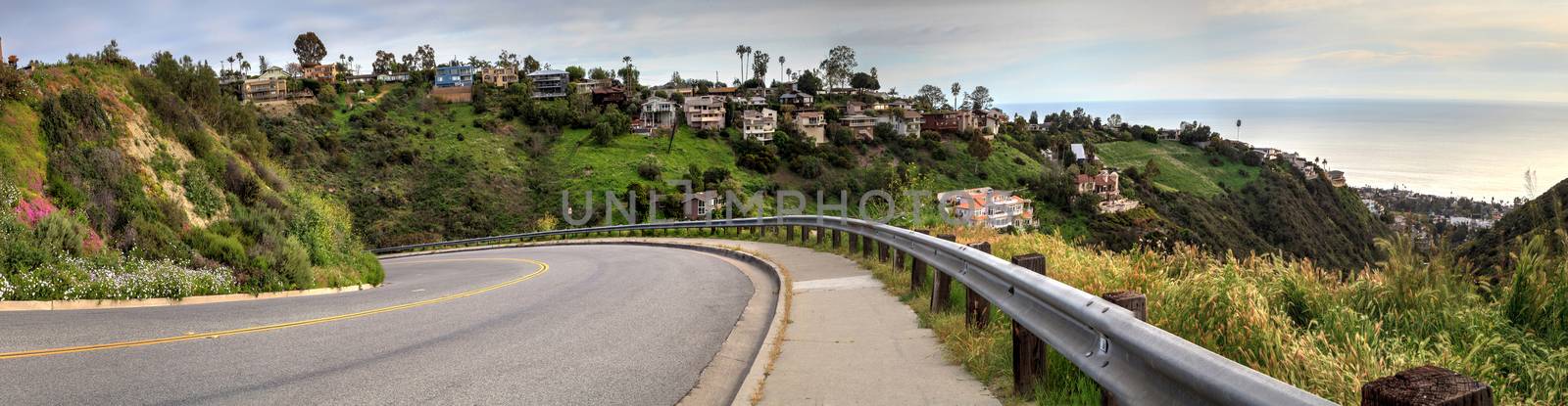 Hill top view from Park Street that overlooks the coast of Laguna Beach, California at sunset