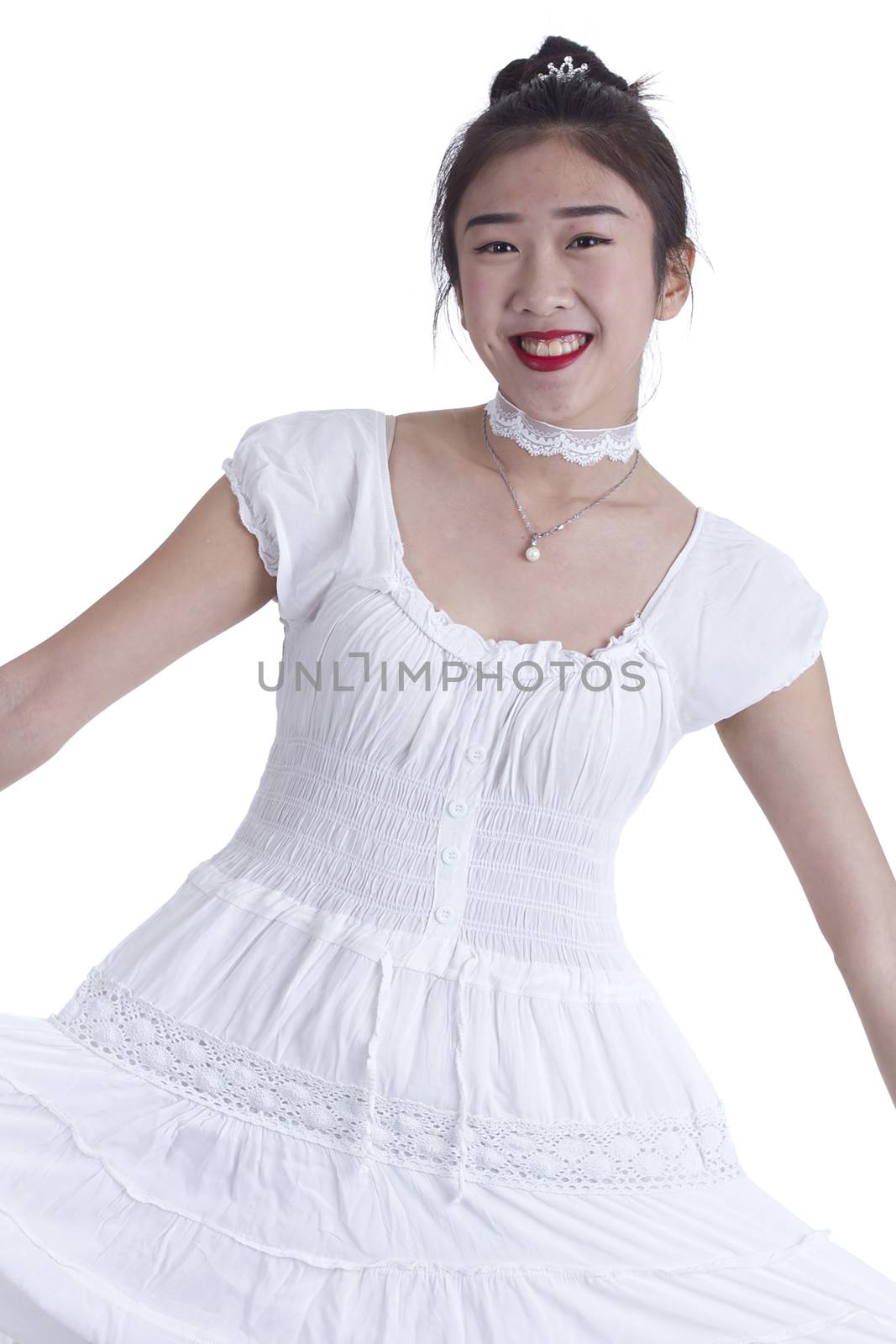 Asian girl close up portrait on a white background