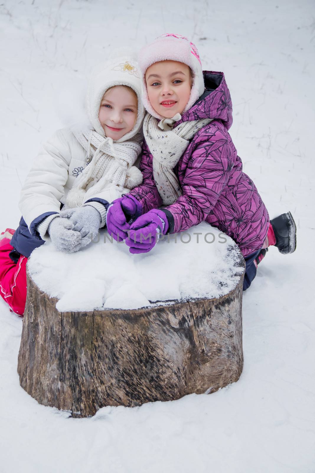 Two girls portrait among winter park